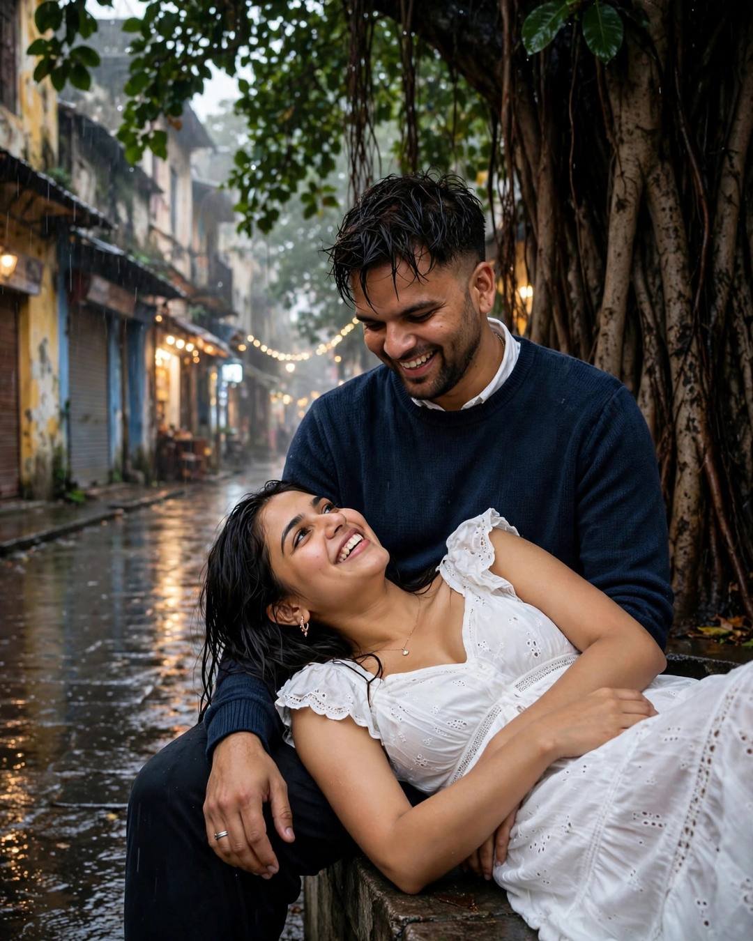 AI portrait of a young couple under a banyan tree in a rainy old-city lane, woman in a white dress with her head in his lap, both laughing
