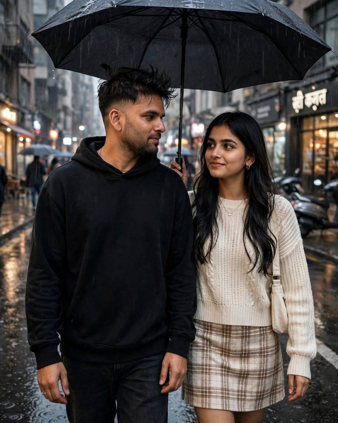 AI portrait of a young couple walking under one black umbrella on a rain-soaked city street, man in a black hoodie, woman in a cream knit top and plaid skirt
