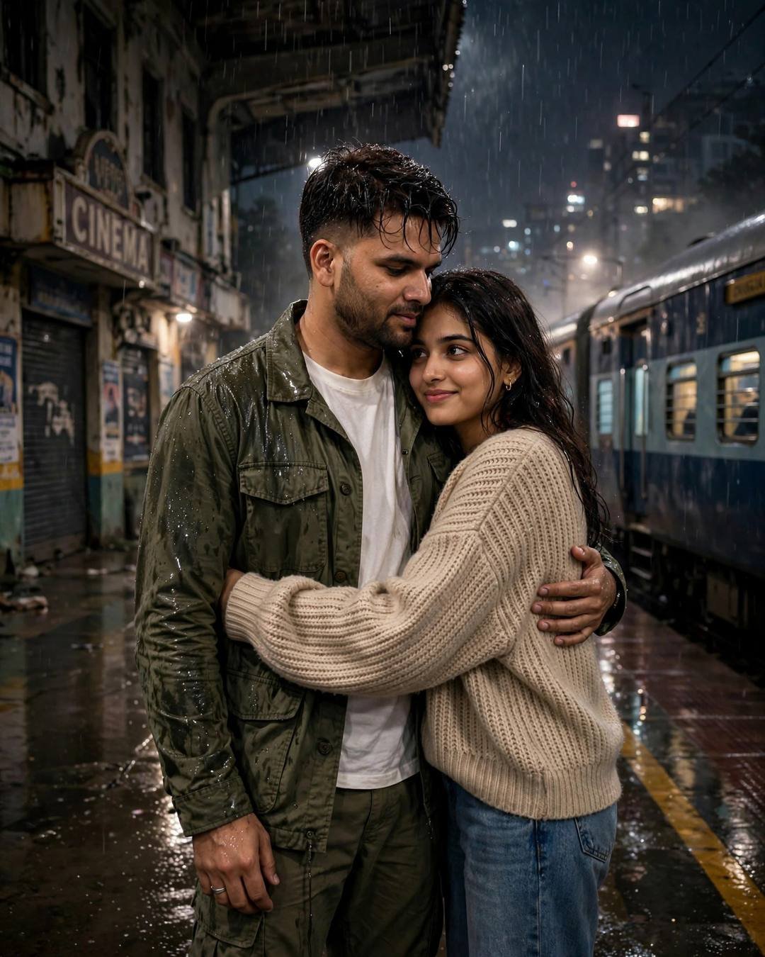 AI portrait of a young couple hugging on a rainy railway platform at midnight, man in an olive field jacket, woman in a beige sweater, train waiting behind