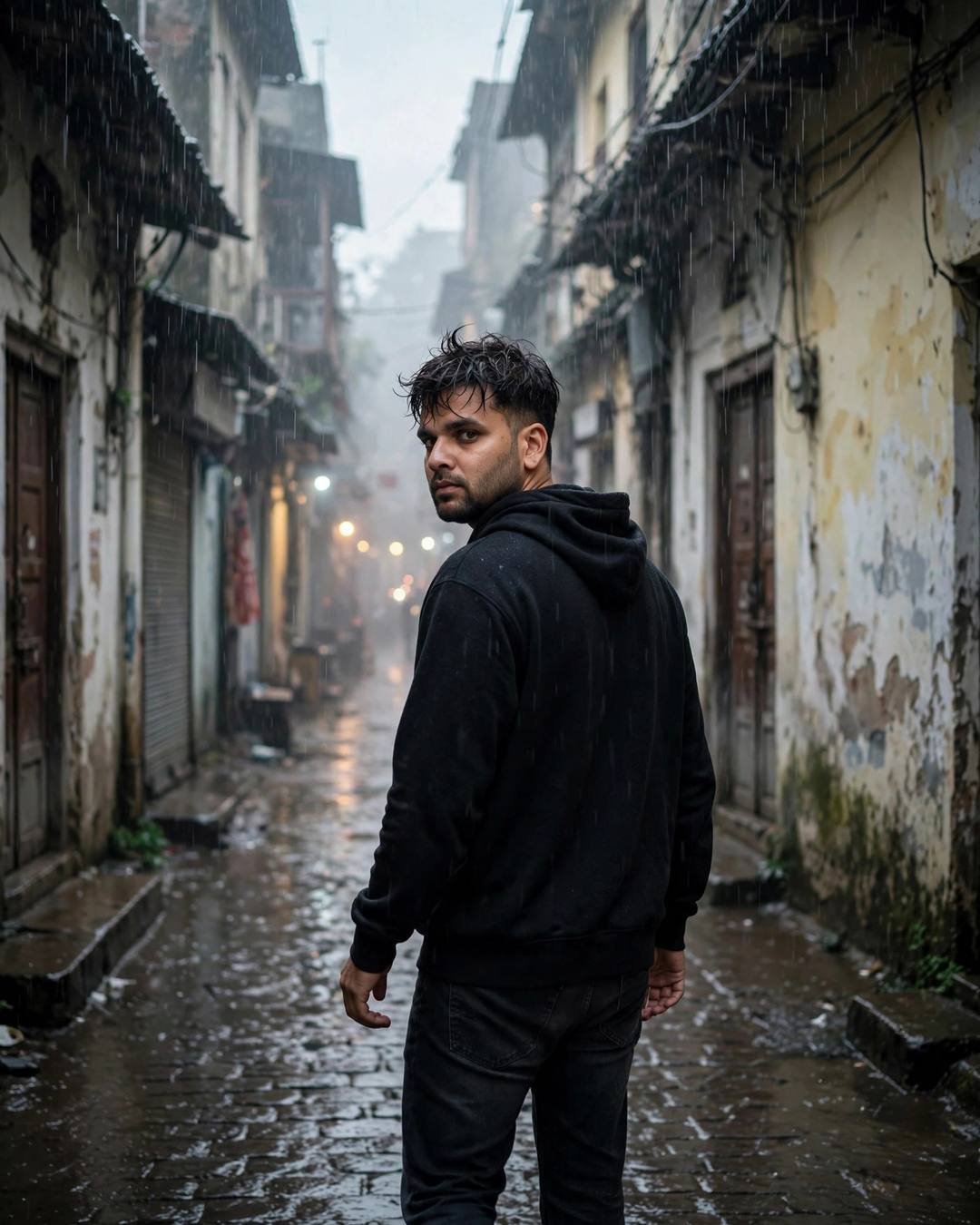 Young Indian man in a black oversized hoodie walking away down a narrow old-city lane in heavy monsoon rain at dawn, turning back over his shoulder, peeling walls and glowing lane behind him