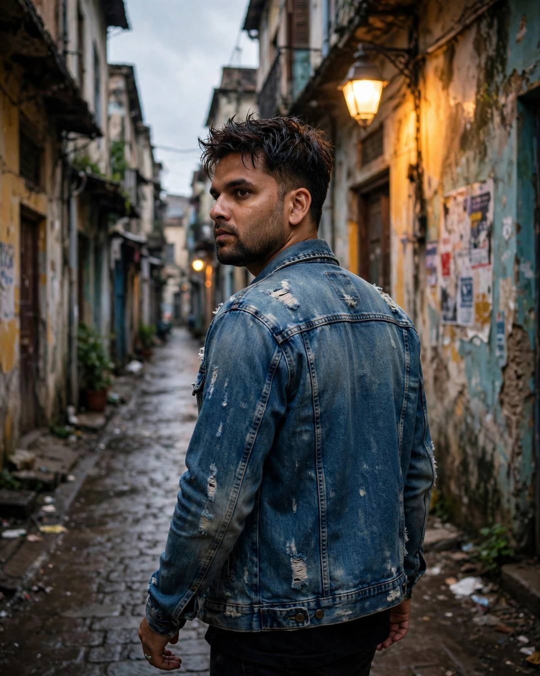 Young Indian man in a distressed denim jacket walking away down a narrow old-city lane at dusk, turning back over his shoulder, warm sodium lamps glowing on the peeling walls