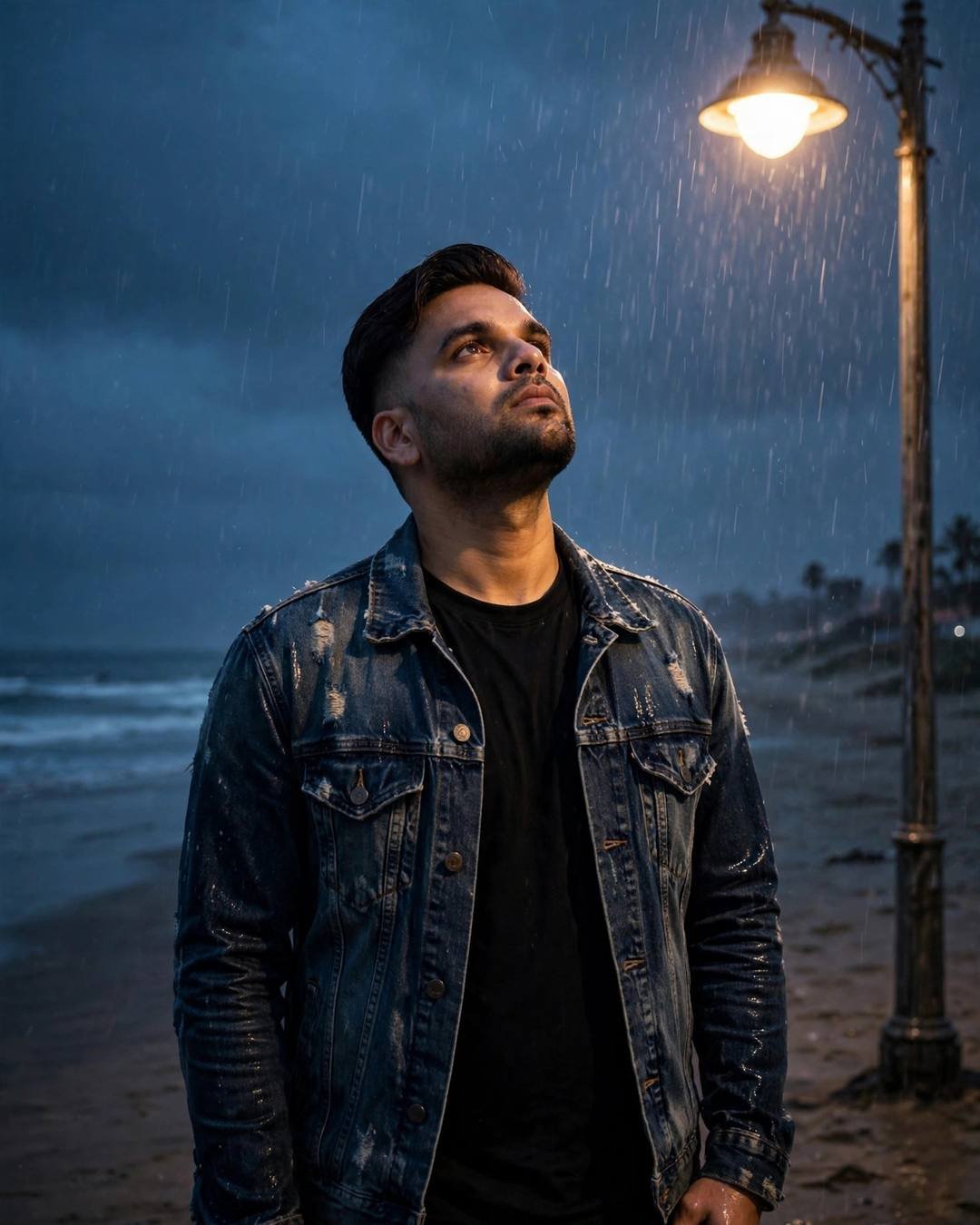 Young Indian man in a distressed denim jacket standing under a streetlamp on a deserted beach at dusk, face lifted to the heavy monsoon rain, blue hour sky behind him