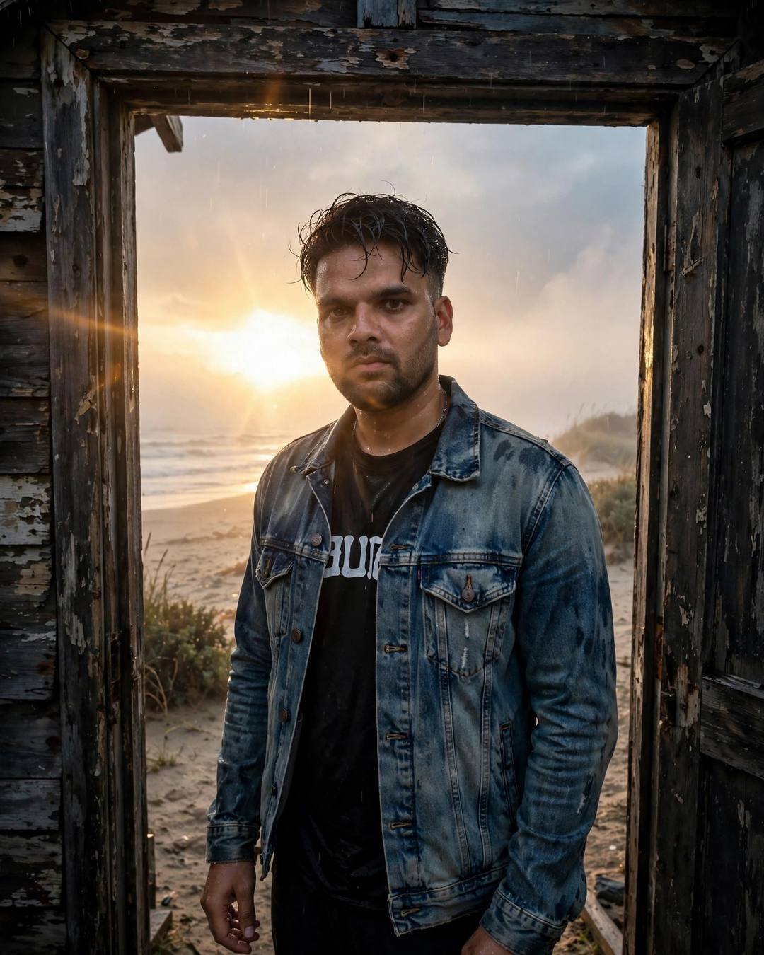 Young Indian man in a distressed denim jacket standing in a weathered wooden doorway on a deserted beach at dawn, half in shadow, golden-hour lens flare glowing over the sea behind him