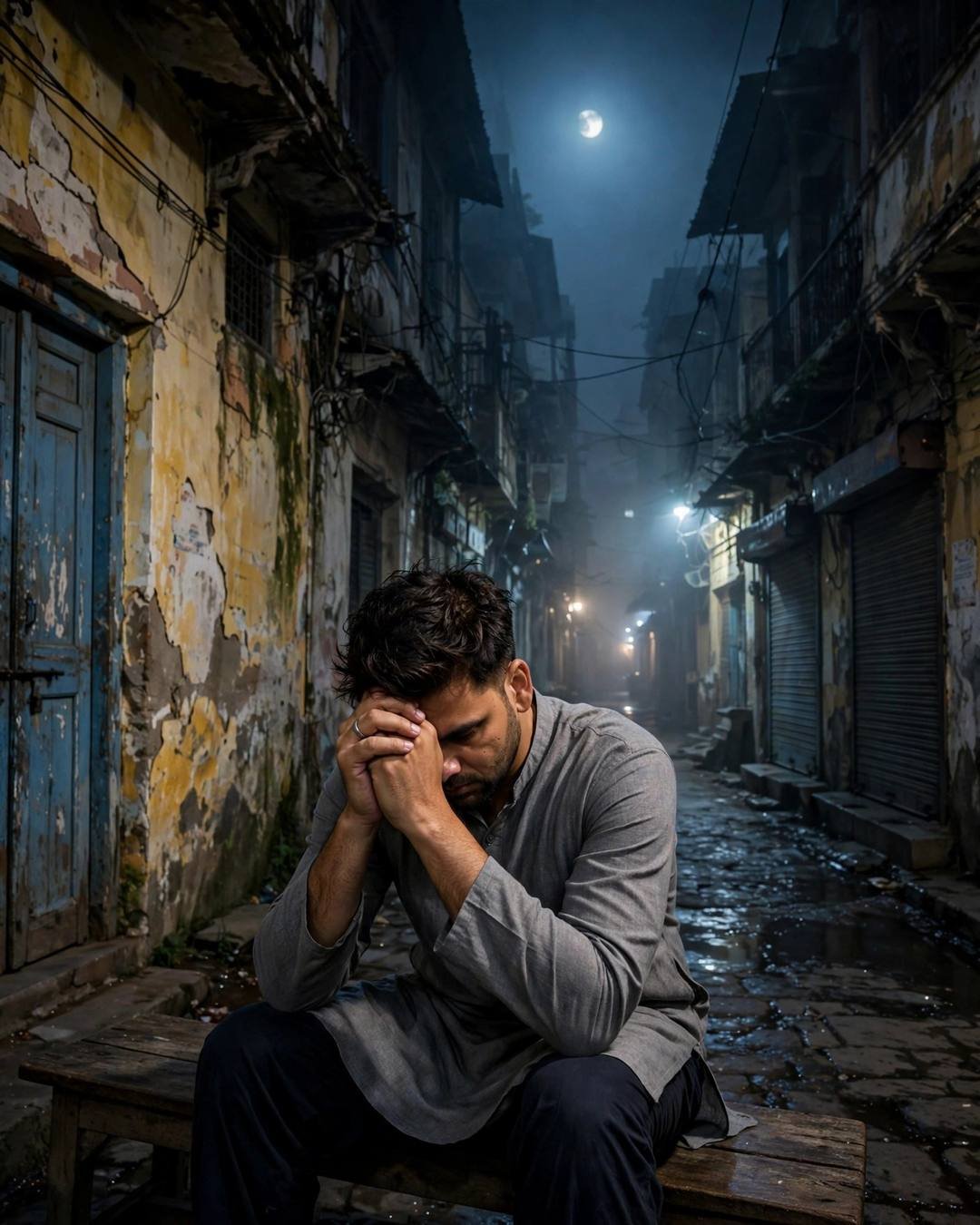 Young Indian man in a grey kurta sitting alone on a wooden bench in a narrow old-city lane at midnight, head in his hands, moon pale above the foggy rooftops