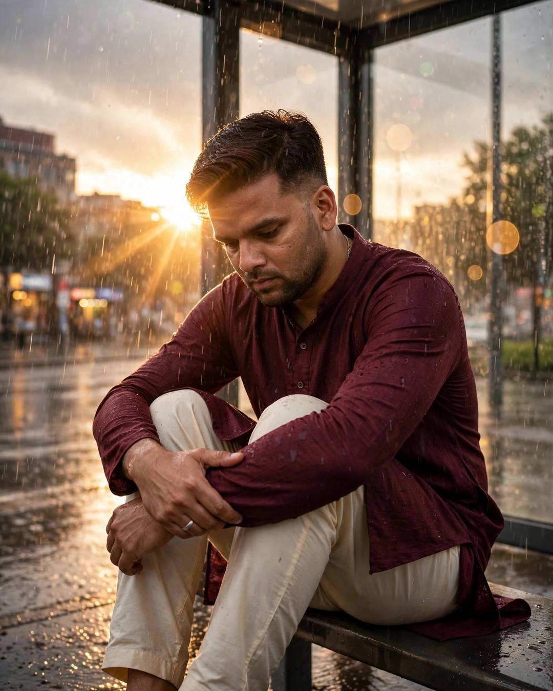 Young Indian man with the creator's face in a maroon kurta sitting alone at a rainy bus stop, knees drawn up, golden-hour lens flare