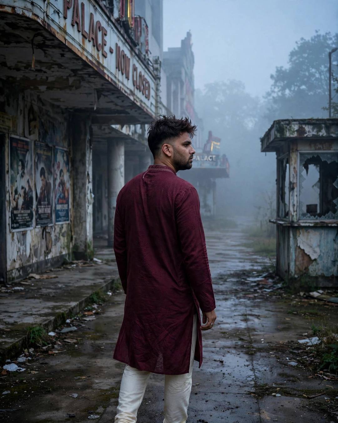 Young Indian man with the creator's face in a maroon kurta walking away down the foggy path of an abandoned cinema hall at dawn