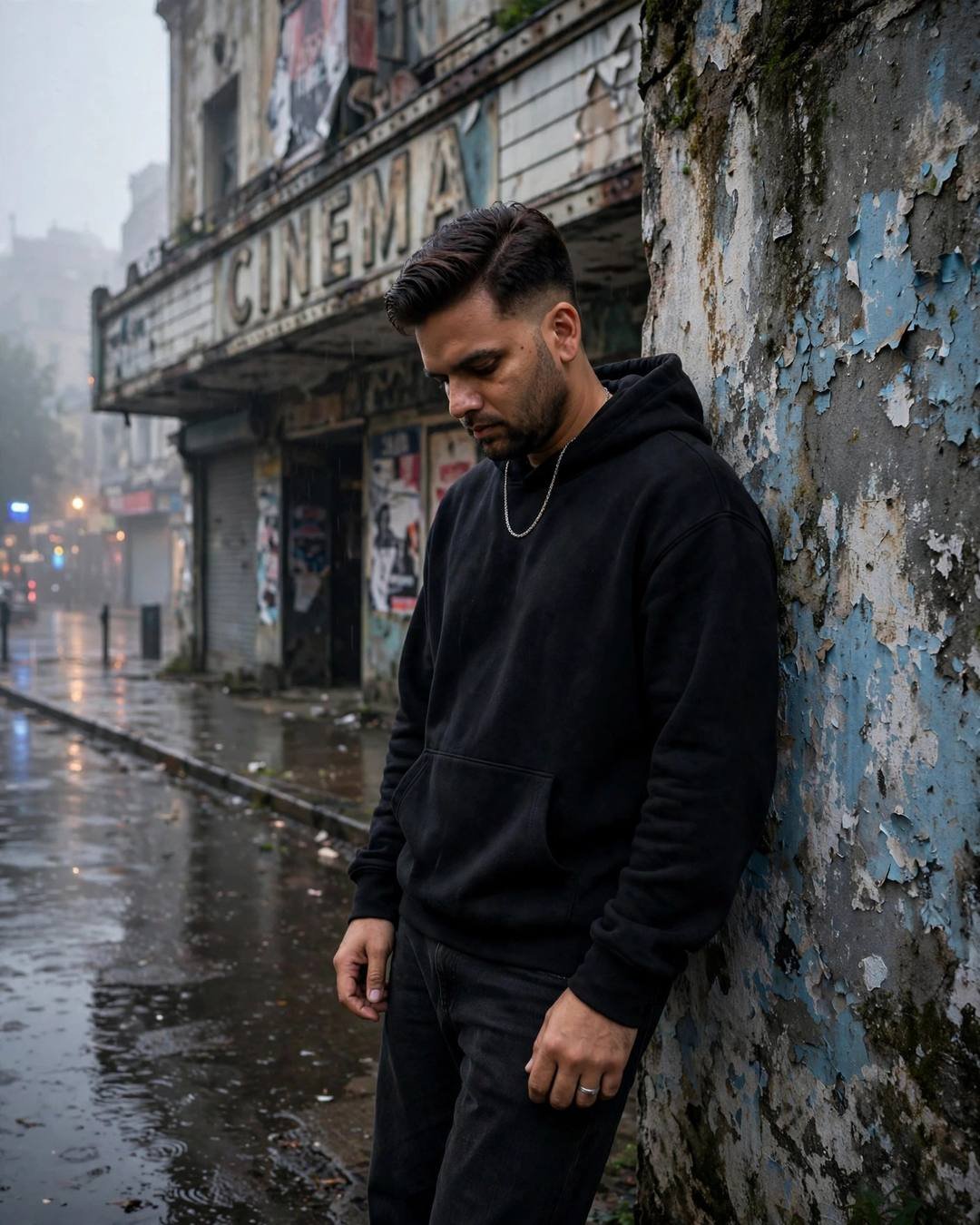 Young Indian man with the creator's face in a black hoodie leaning against a weathered peeling wall at dawn, post-rain city glow