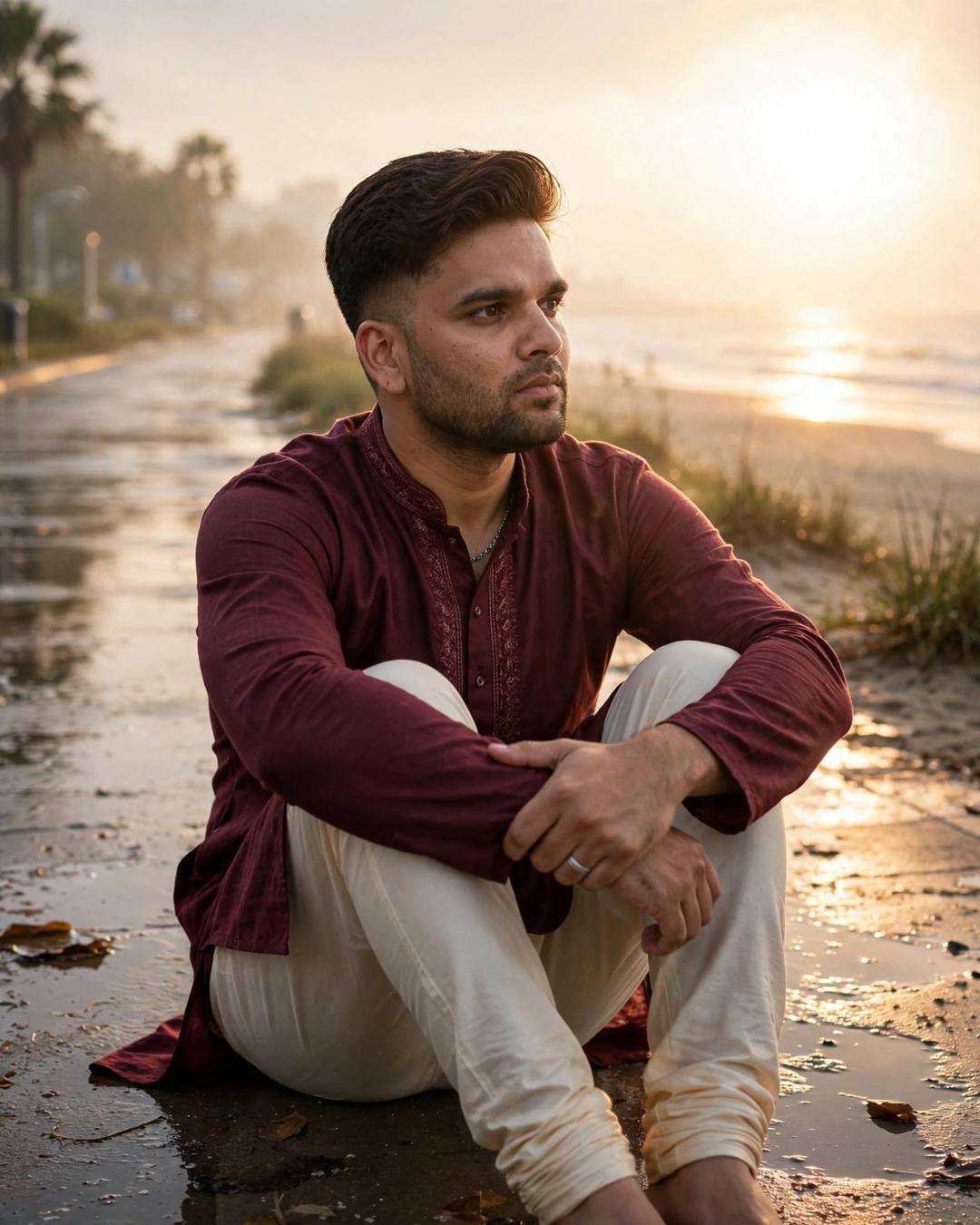 Young Indian man with the creator's face in a maroon kurta sitting on a wet beach at dusk, knees drawn up, golden light and lens flare