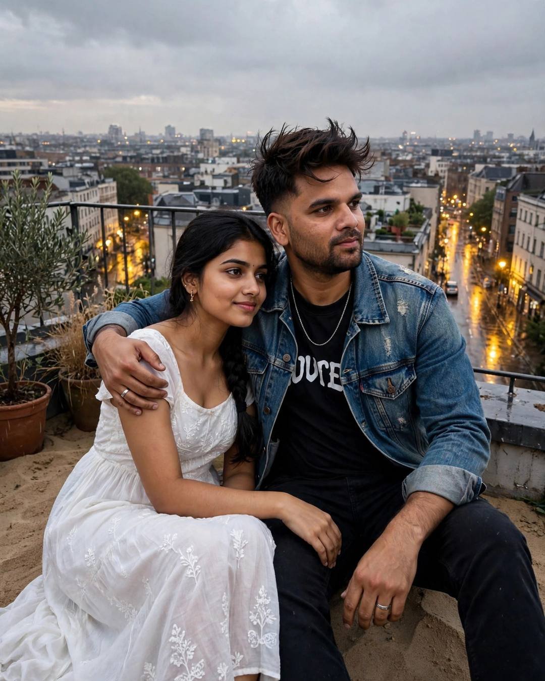 Young Indian man with the creator's face and an AI-imagined woman in a white dress seated close on a rooftop overlooking city lights