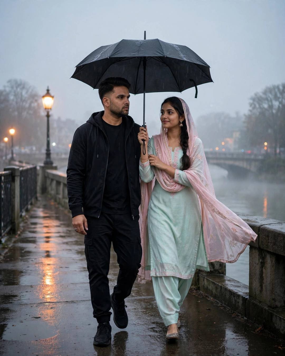 Young Indian man with the creator's face and an AI-imagined woman in pastel salwar-kameez walking under one umbrella on a rainy bridge