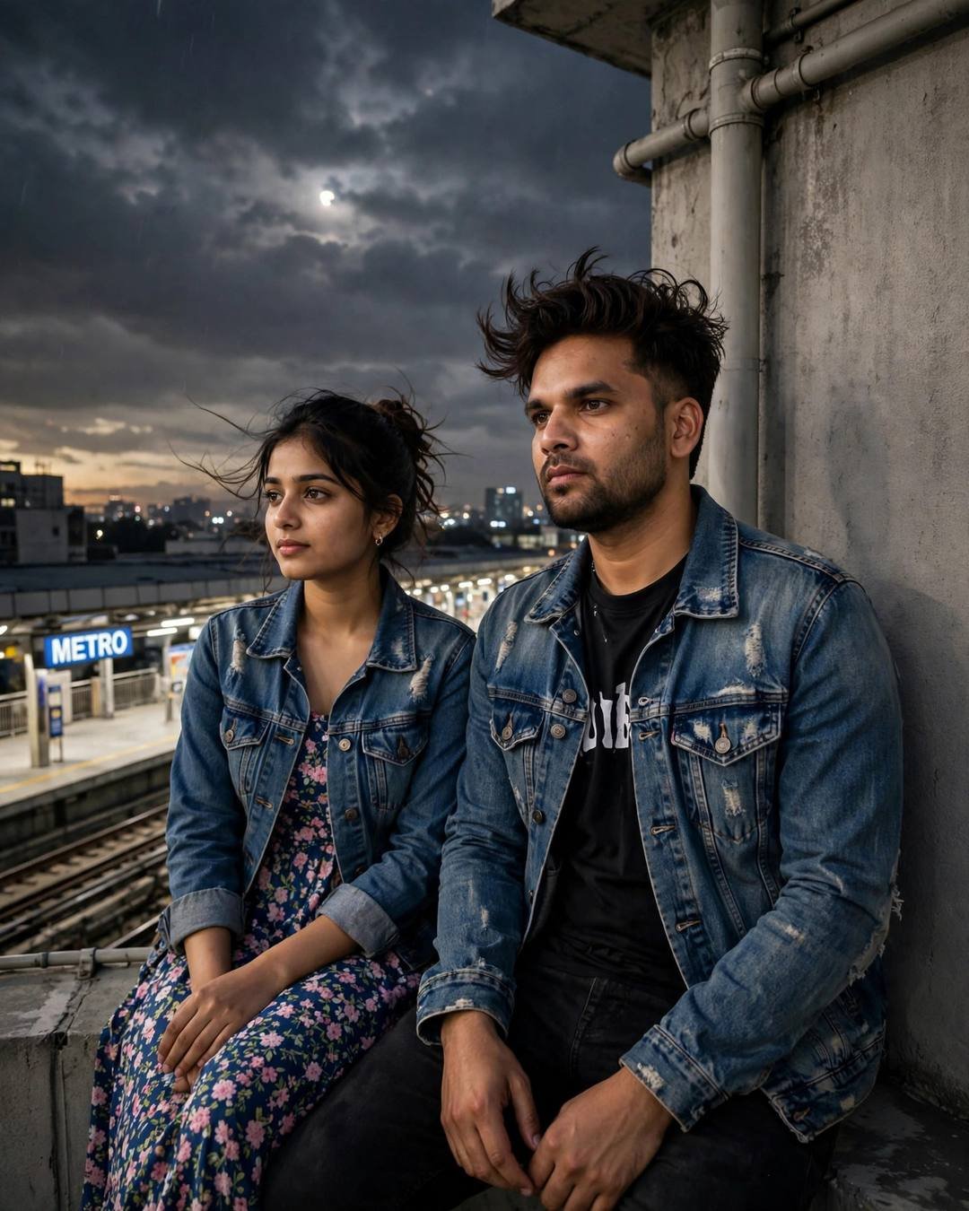 Young Indian man with the creator's face and an AI-imagined woman in denim jackets sitting in silence on a moonlit rooftop above a metro station