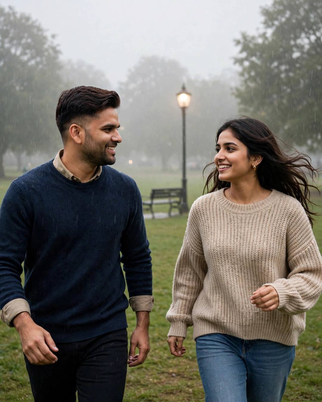 Young Indian man with the creator's face in a navy sweater and an AI-imagined woman in beige running toward each other in a rainy park at dawn