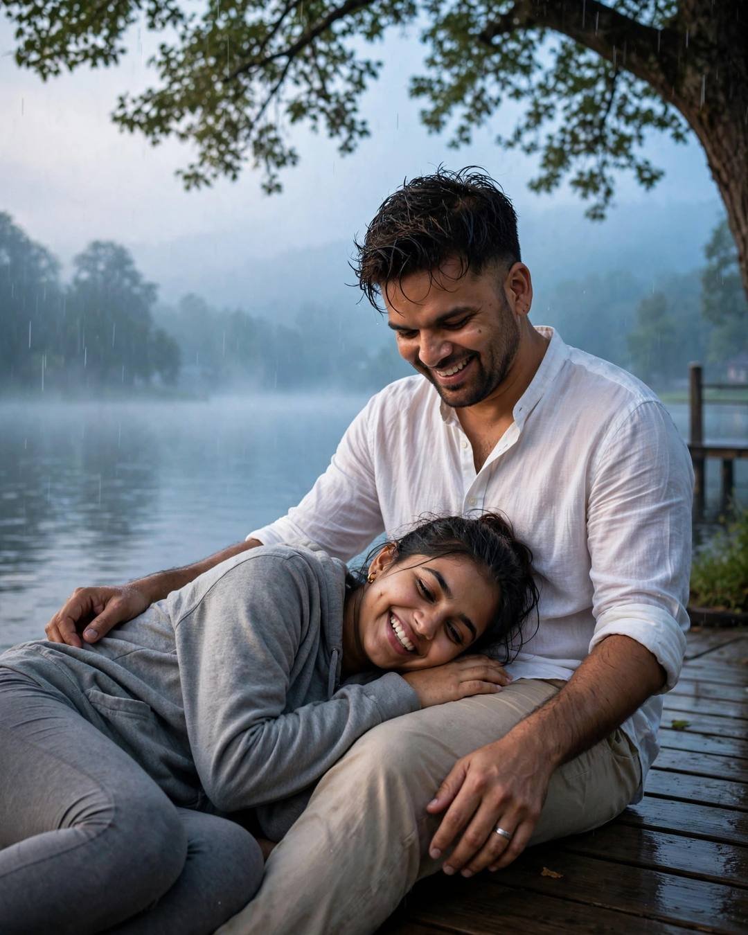 Young Indian man with the creator's face in white linen and an AI-imagined woman in a grey hoodie laughing together on a foggy lake pier at dawn