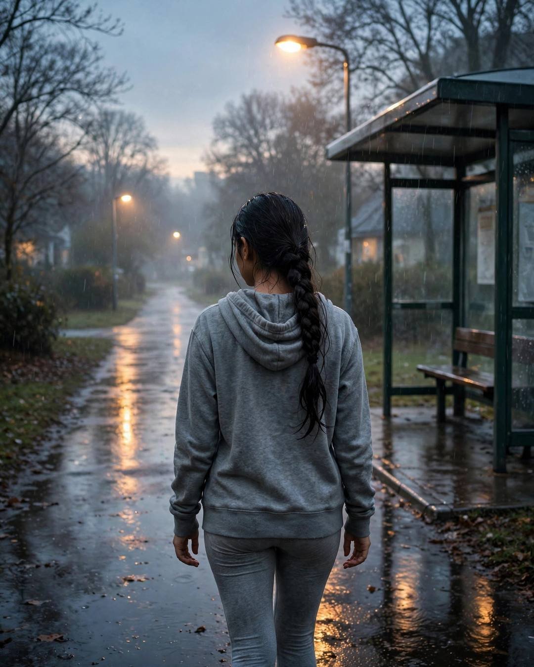 AI-imagined young Indian woman with a long braid walking away at a rainy bus stop at night under a sodium streetlamp