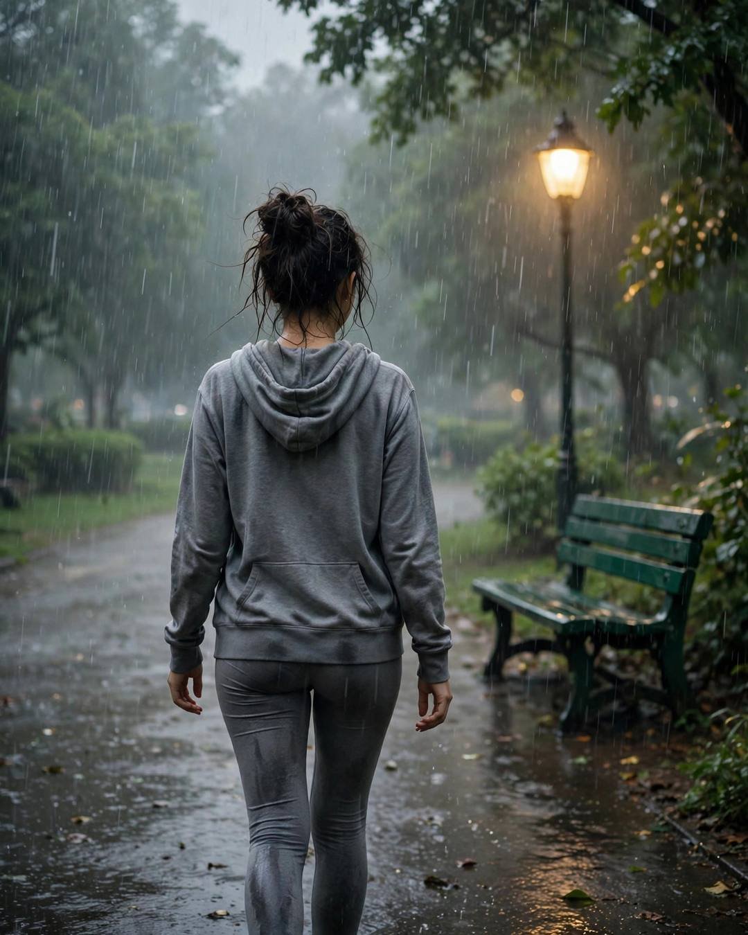 AI-imagined young Indian woman with a messy bun walking away in monsoon rain at a park bench under a lone lamp