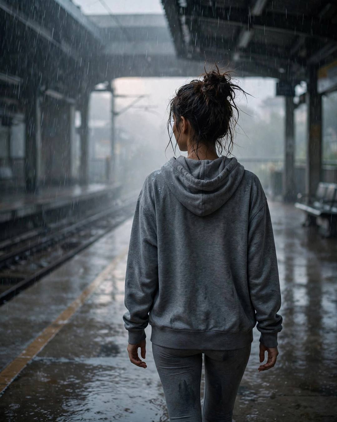AI-imagined young Indian woman with a messy bun standing on a foggy midnight metro platform in monsoon rain