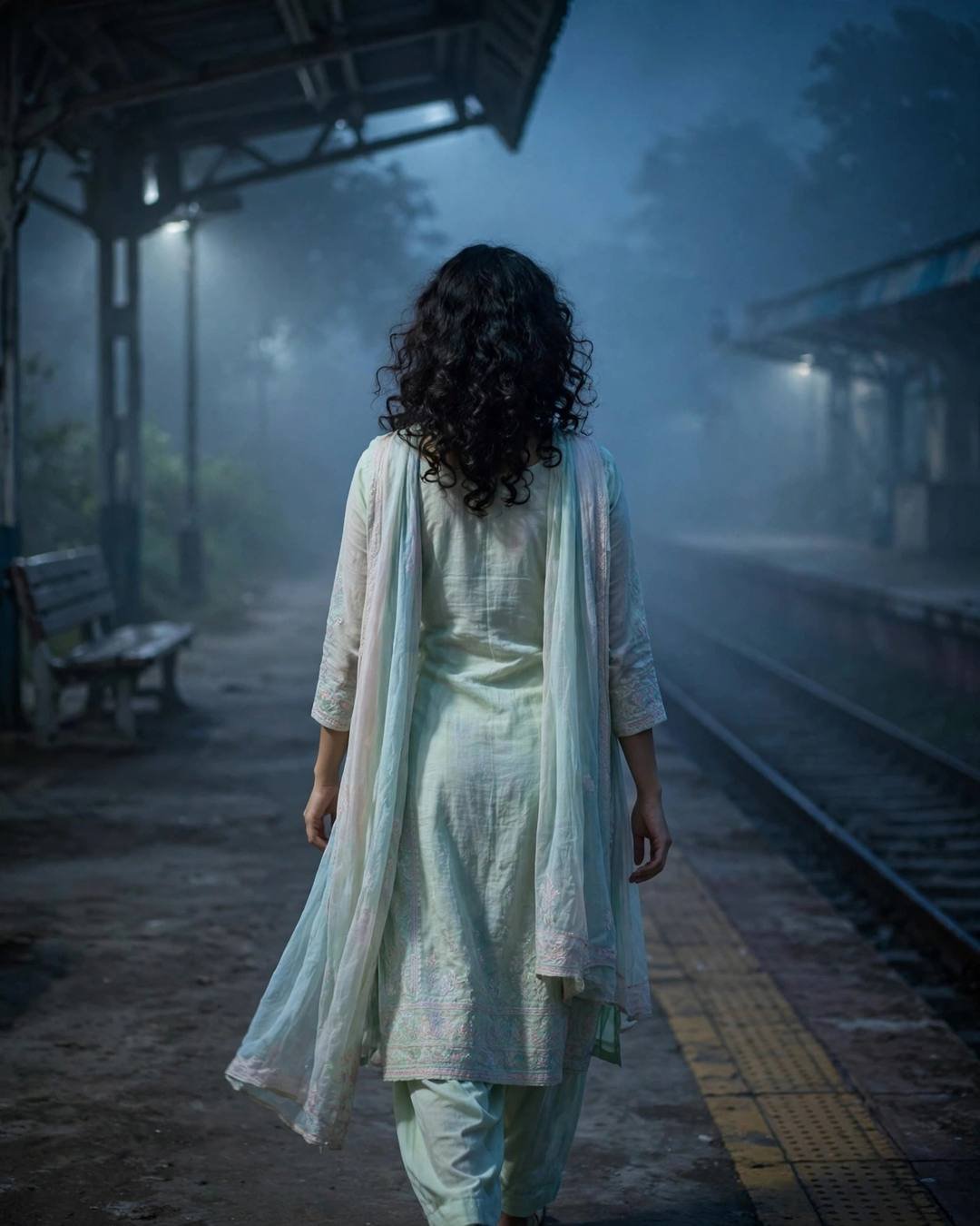 AI-imagined young Indian woman in pastel salwar-kameez walking away on a foggy moonlit railway platform at night
