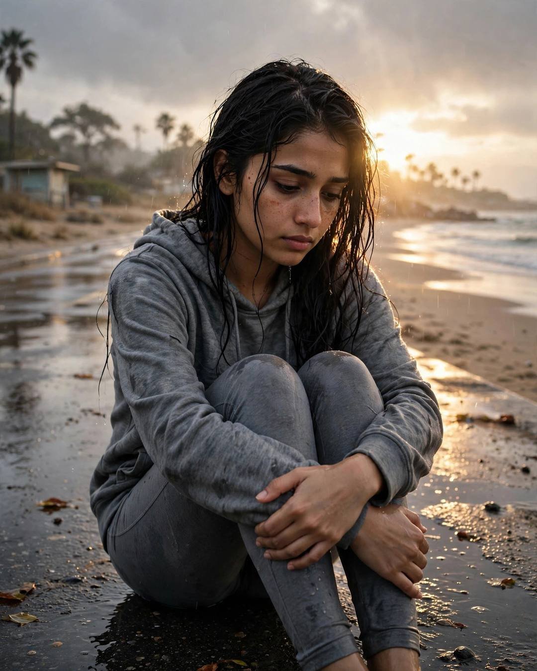 AI-imagined young Indian woman in a grey hoodie sitting on a wet beach at dusk, sleeves over her hands, golden backlight