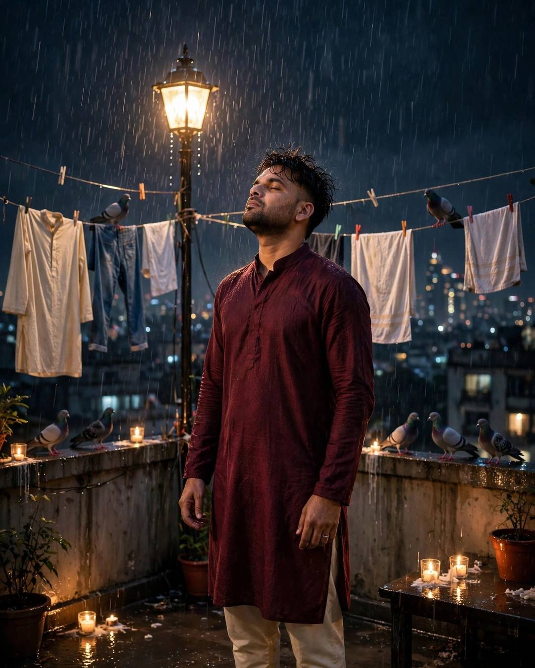 AI portrait of a young man in a maroon kurta standing on a rain-soaked rooftop at night with his face lifted, candles, pigeons and a streetlamp around