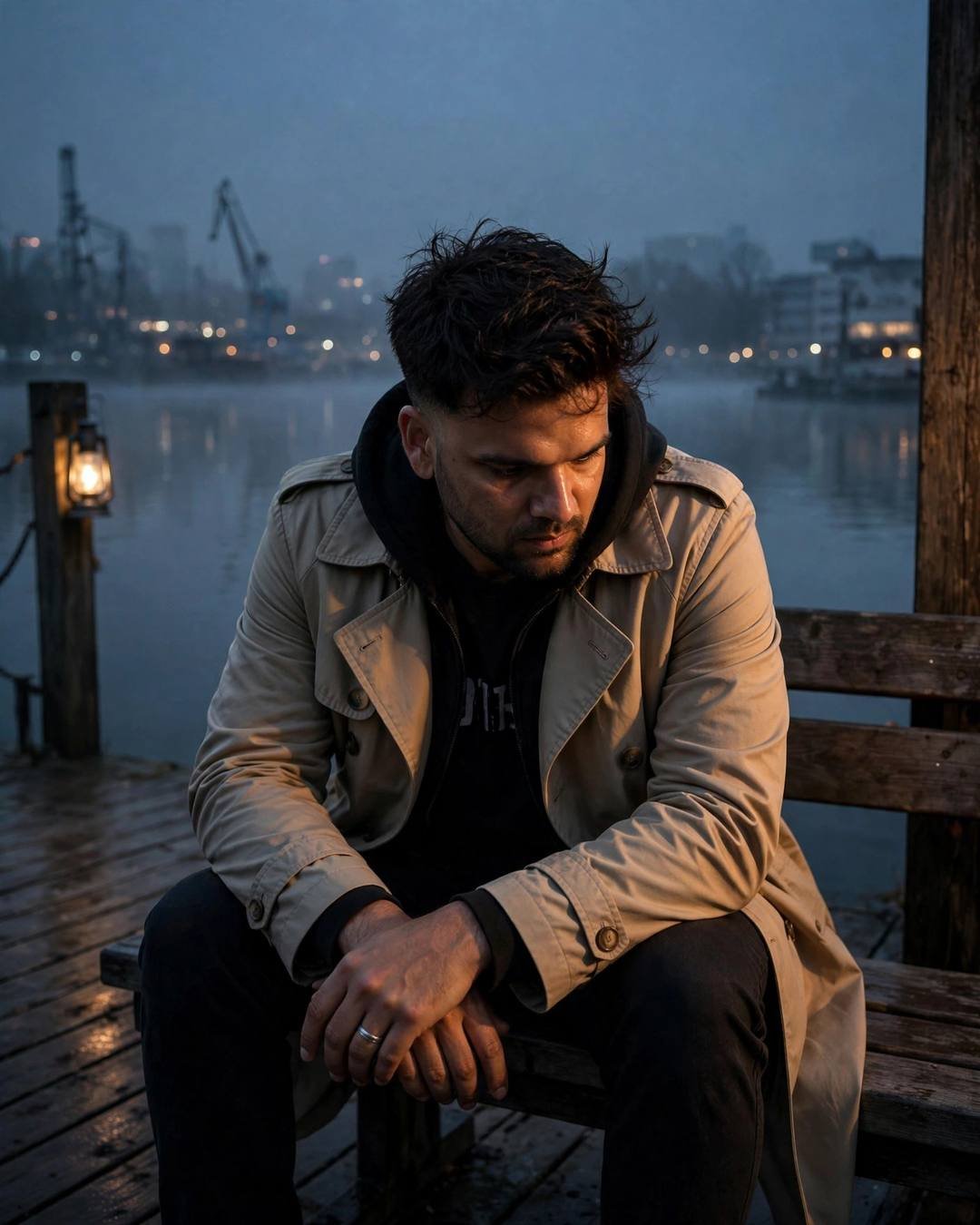 AI portrait of a young man in a beige trench coat sitting on a lake pier bench at dawn, hands folded, pier lantern glowing against the overcast gloom