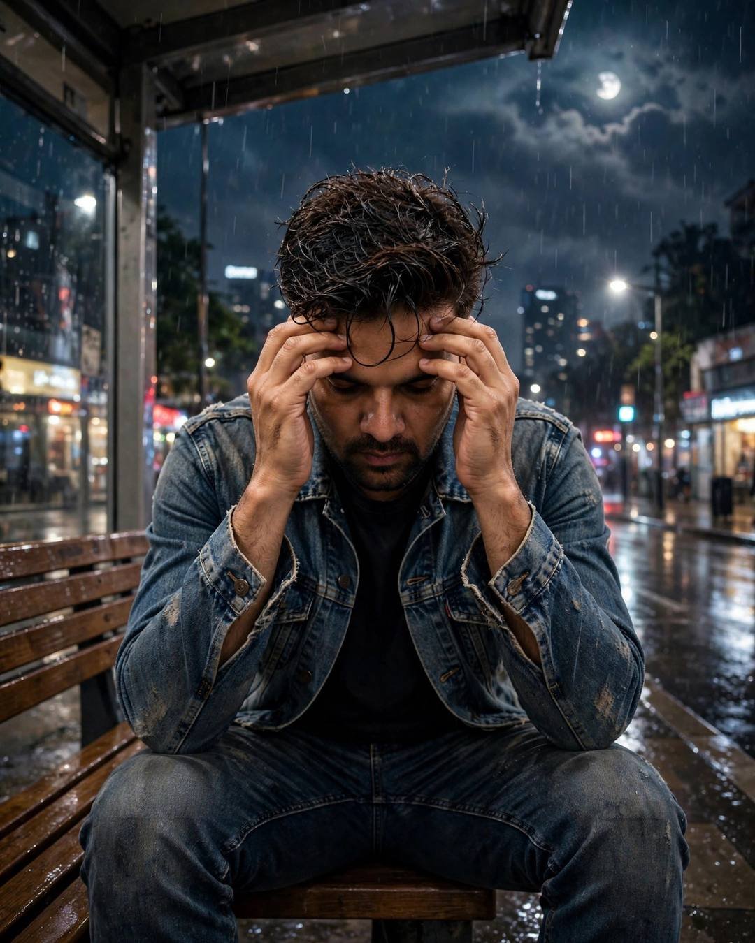 AI portrait of a young man in a distressed denim jacket sitting at a rainy bus-stop shelter at night, head in hands, moonlit city streaking past