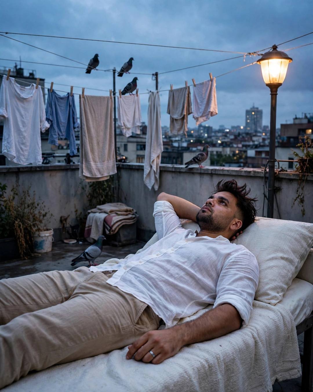 AI portrait of a young man in a white linen shirt lying on a rooftop terrace daybed at dusk, one arm behind his head, looking up at the clouds