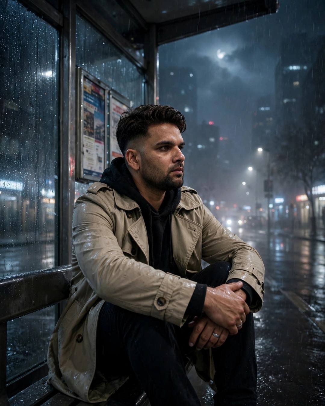 AI portrait of a young man in a beige trench coat sitting at a foggy bus stop at midnight, knees drawn up, arms wrapped around legs