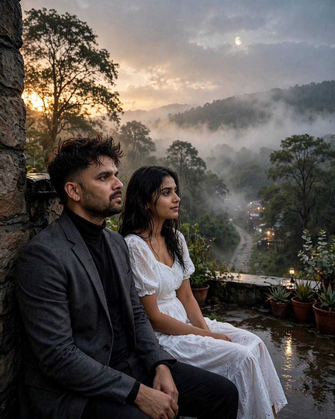 A man in a charcoal blazer and a woman in a white summer dress sit backs against a stone wall on a misty rooftop terrace at dusk.