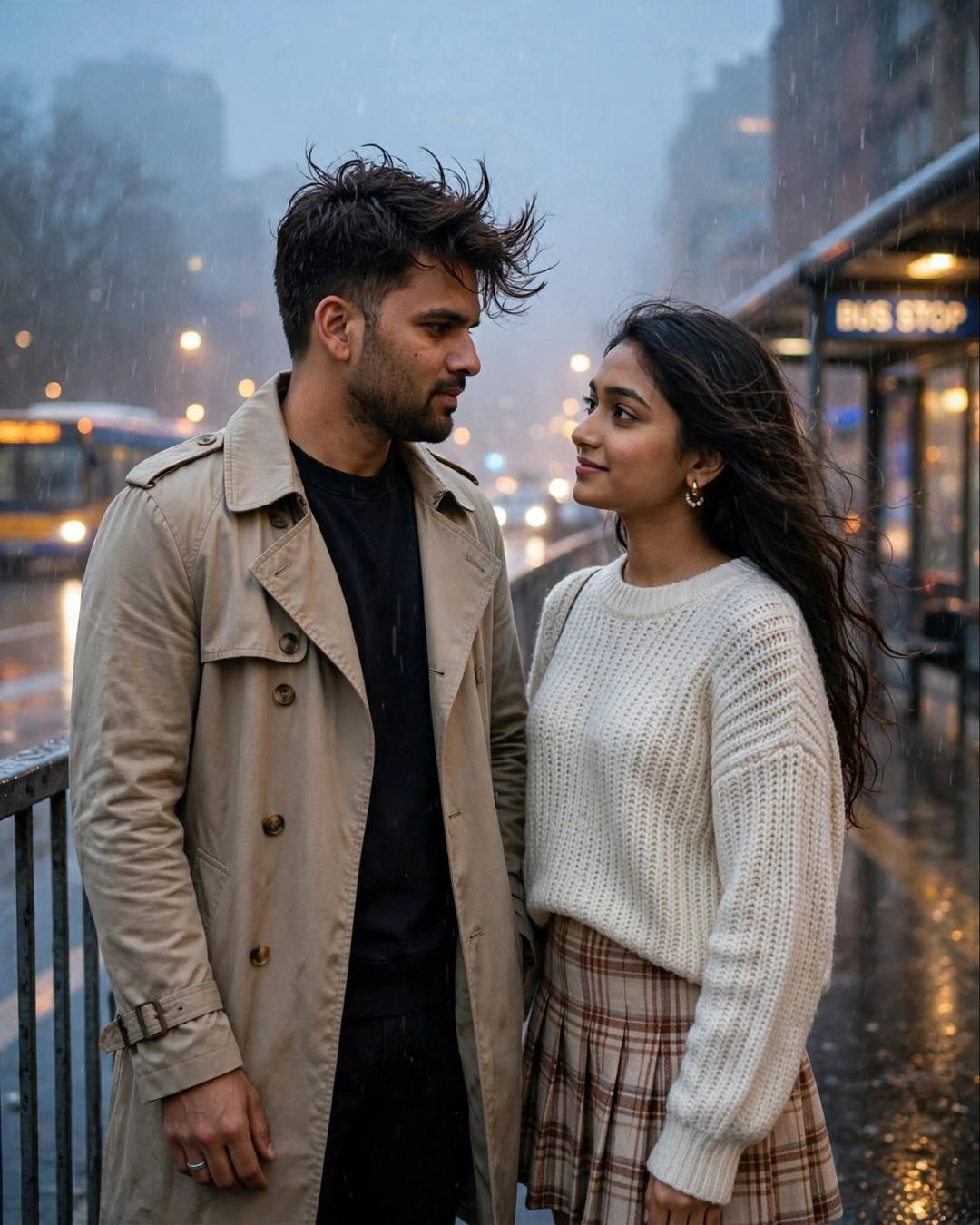 A man in a beige trench coat and a woman in a cream knit top and plaid skirt look at each other at a rainy bus stop in the fog.