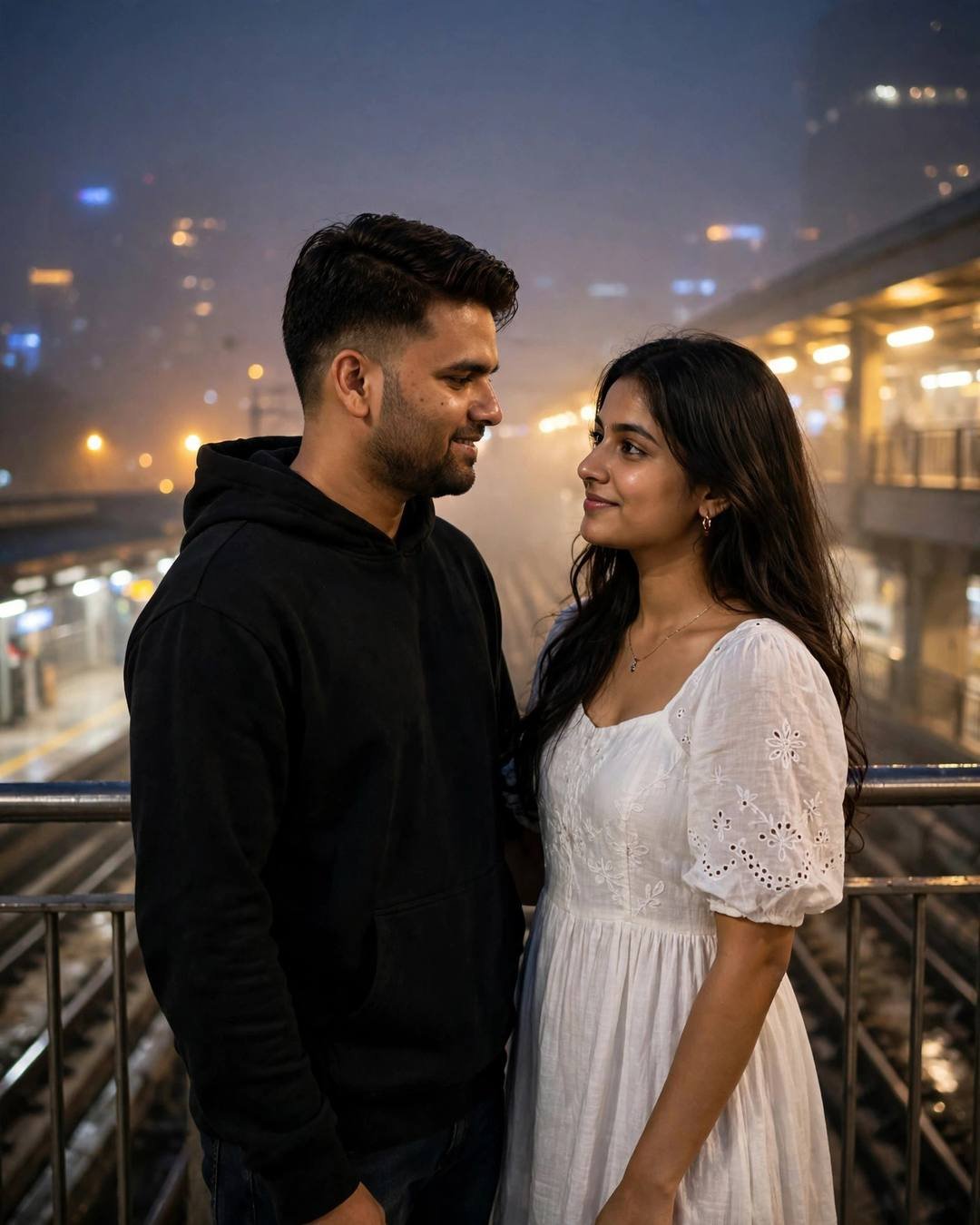 A man in a black hoodie and a woman in a white dress look into each other's eyes on a foggy metro platform at night.