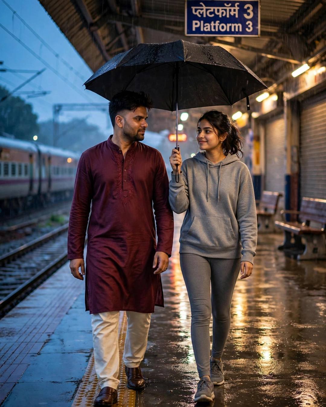 A man in a maroon kurta and a woman in a grey hoodie share one black umbrella on a rainy railway platform at night.