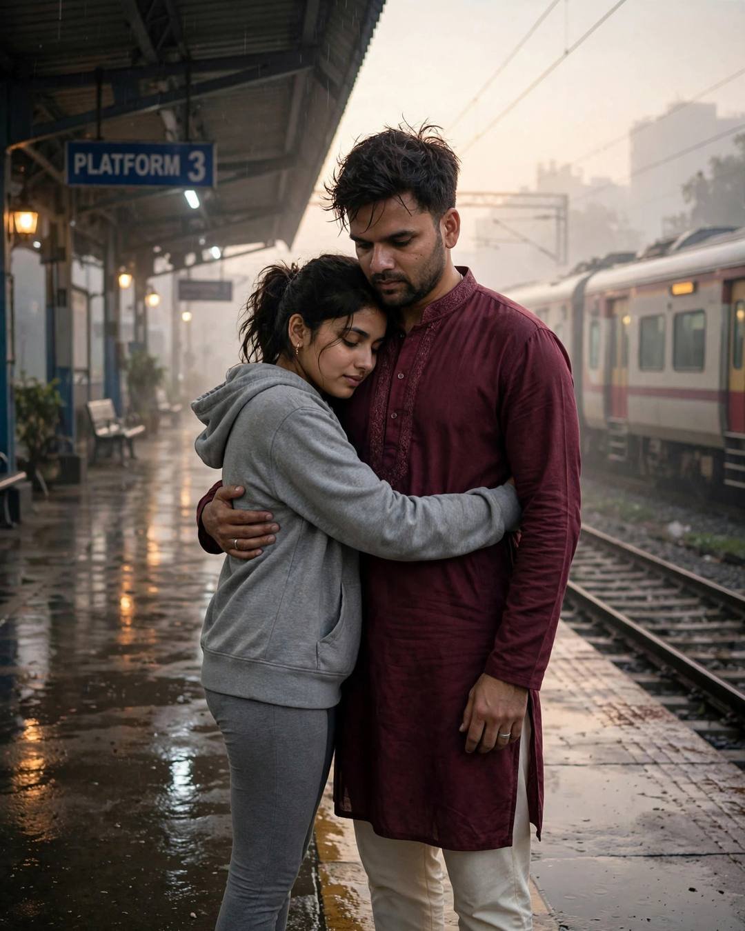 A man in a maroon kurta and a woman in a grey hoodie embrace tightly on a foggy railway platform beside a waiting train.
