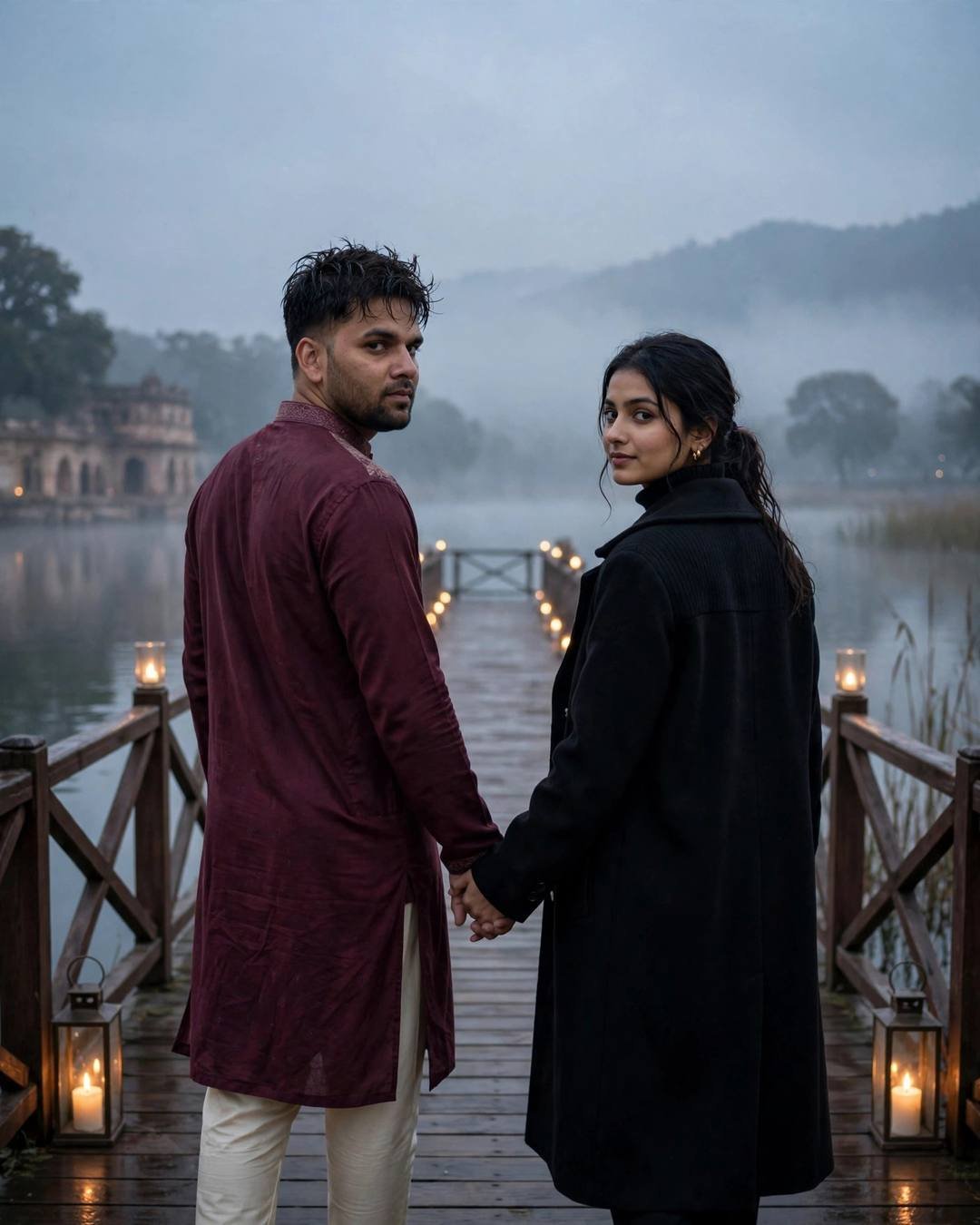 AI portrait of a young couple walking hand in hand across a candlelit wooden pier on a misty lake at dawn, man in a maroon kurta, woman in a black coat