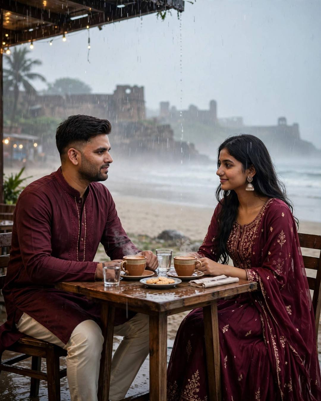 AI portrait of a young couple sharing chai at a small beach café table in monsoon rain, man in a maroon kurta, woman in a maroon anarkali, fort on the horizon