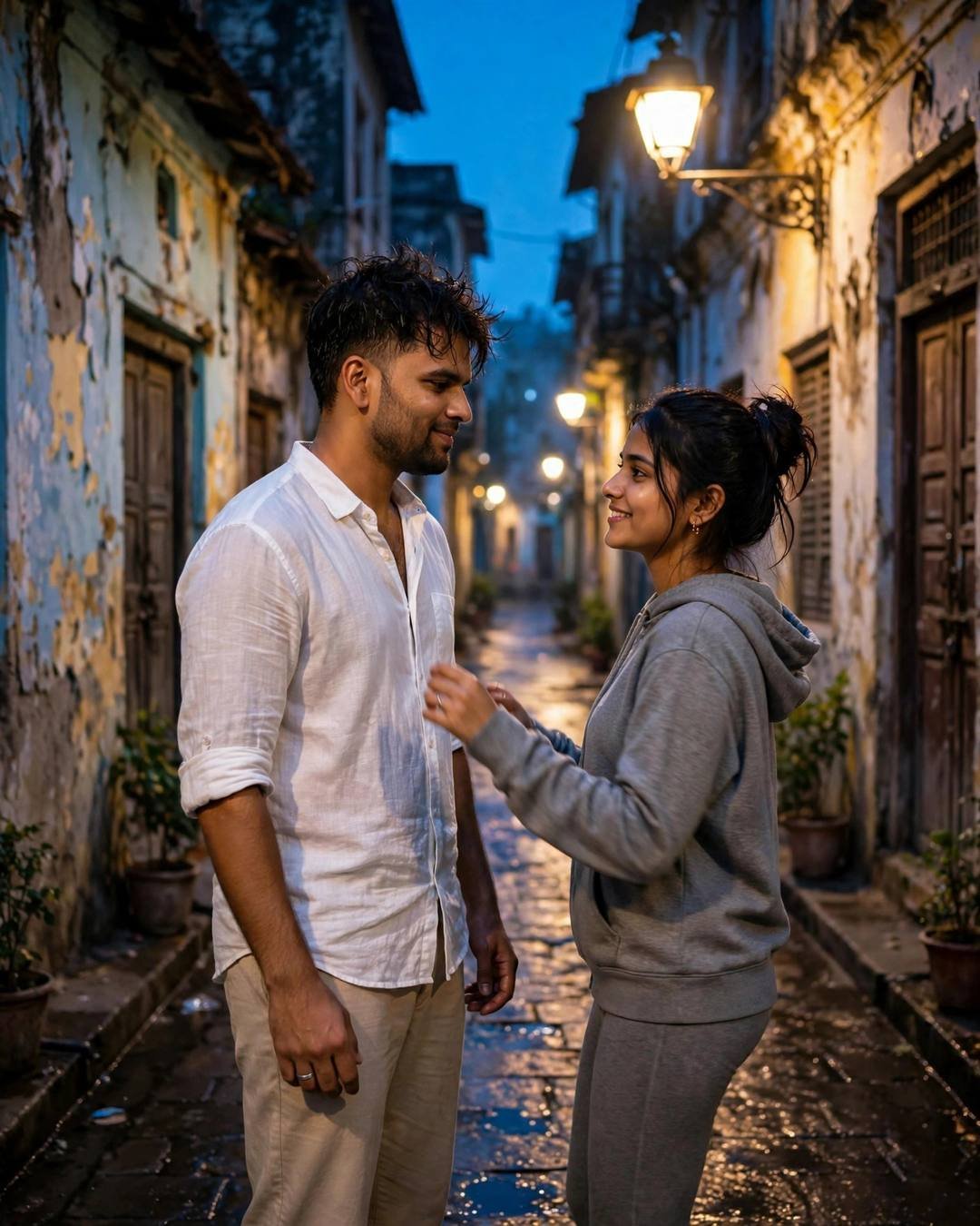 AI portrait of a young couple slow-dancing in a narrow old-city lane at blue hour, man in a white linen shirt, woman in a grey hoodie, streetlamps glowing