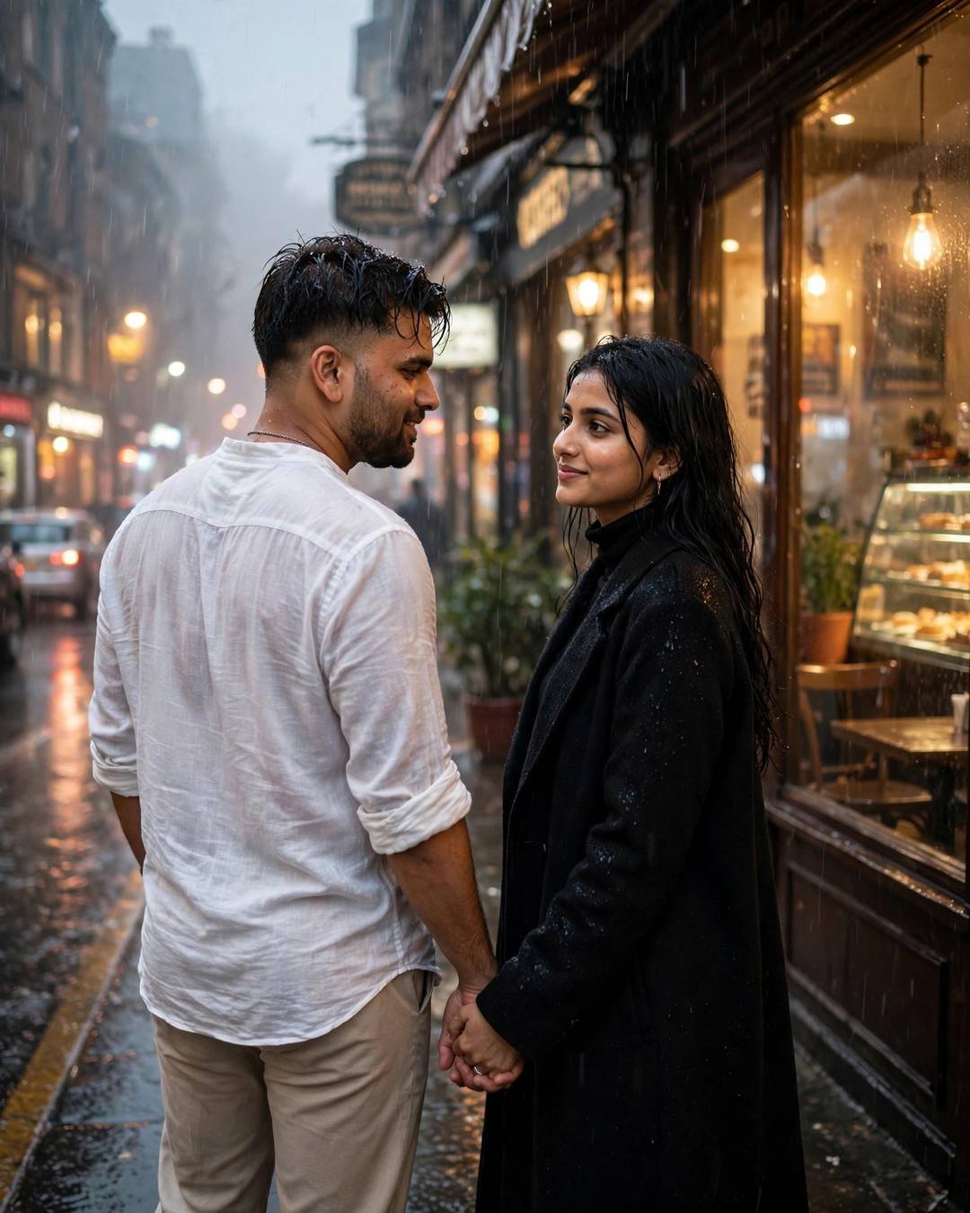 AI-generated cinematic portrait: Brushing rain off her cheek, hand lingering