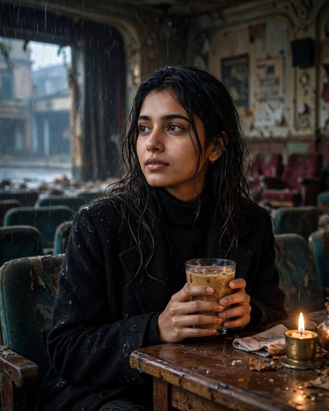 AI-generated cinematic portrait: Two coffees going cold on a cafe