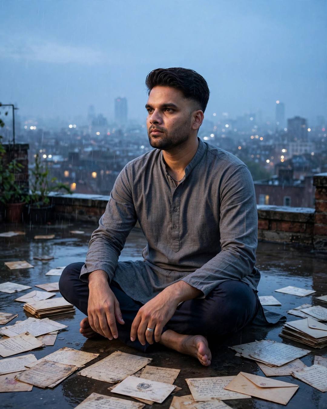 Man in grey kurta sitting cross-legged among old letters on a rainy rooftop at dawn