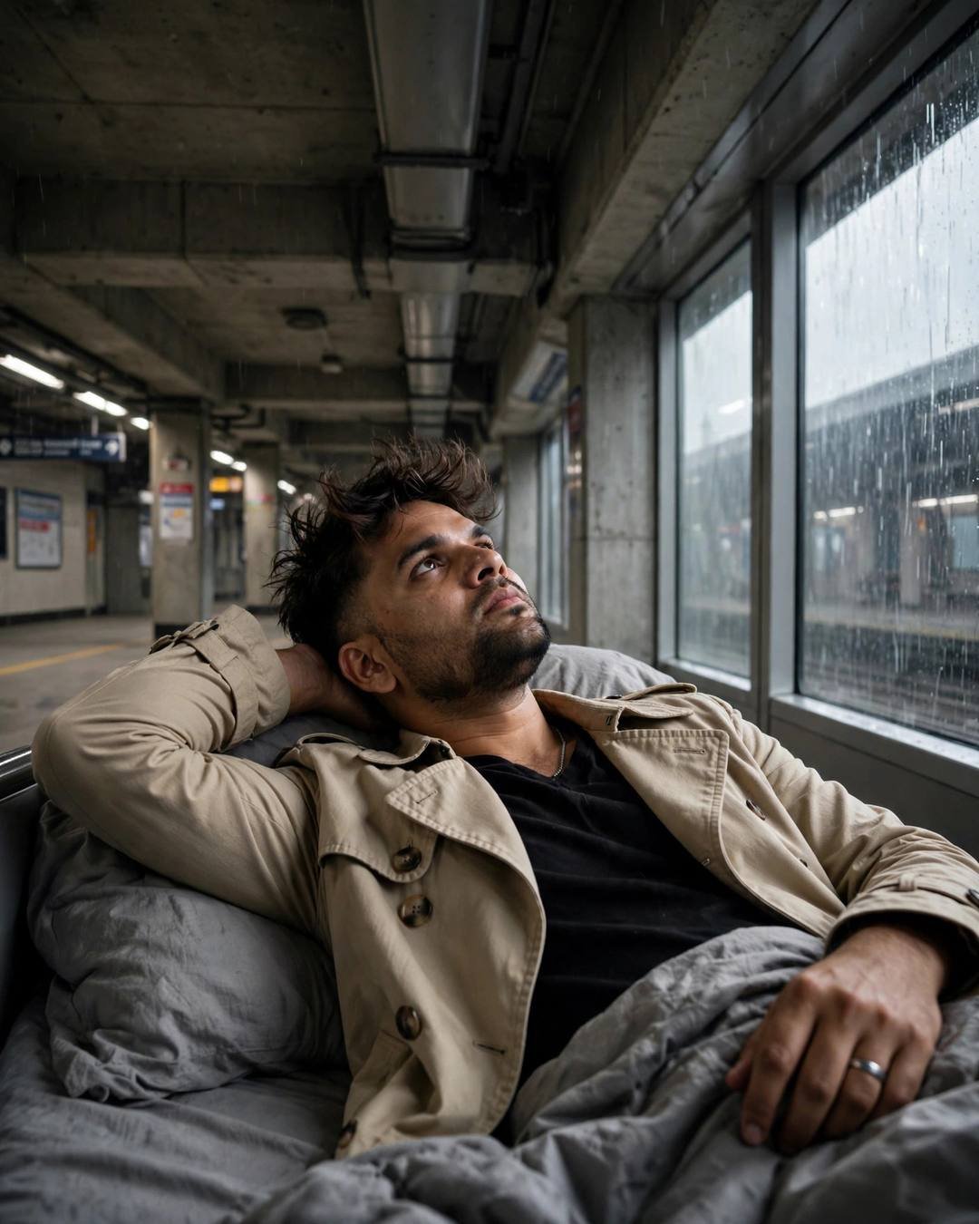 Man in beige trench coat reclining on a duffel at an empty metro station in monsoon rain