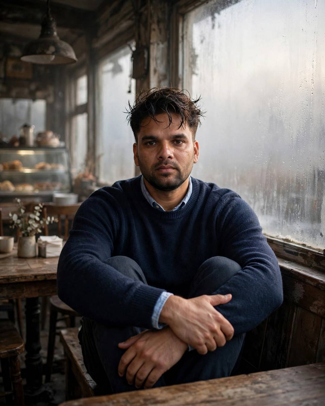 Man in navy sweater sitting with knees drawn up by a fogged cafe window at dawn