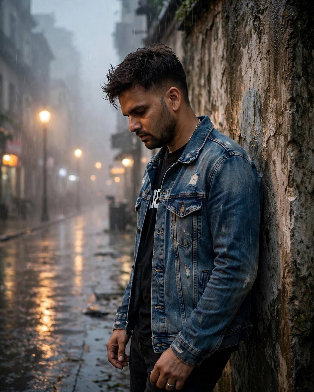 Young man in denim jacket leaning on a weathered wall on a foggy rain-soaked street