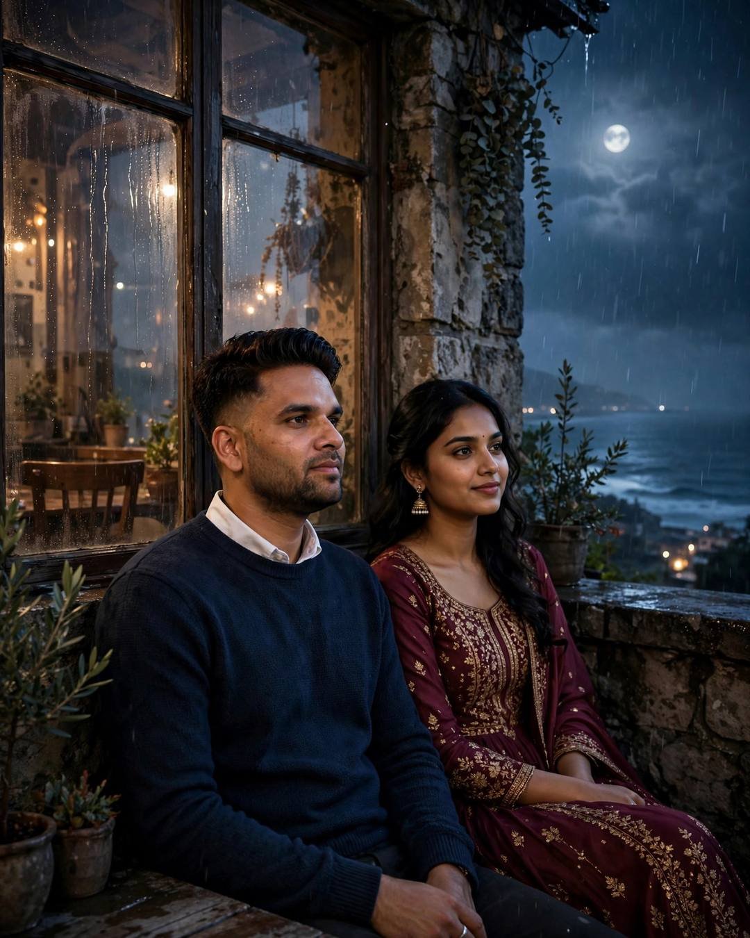 Photorealistic cinematic AI portrait of a young couple at a moonlit seaside cafe at night