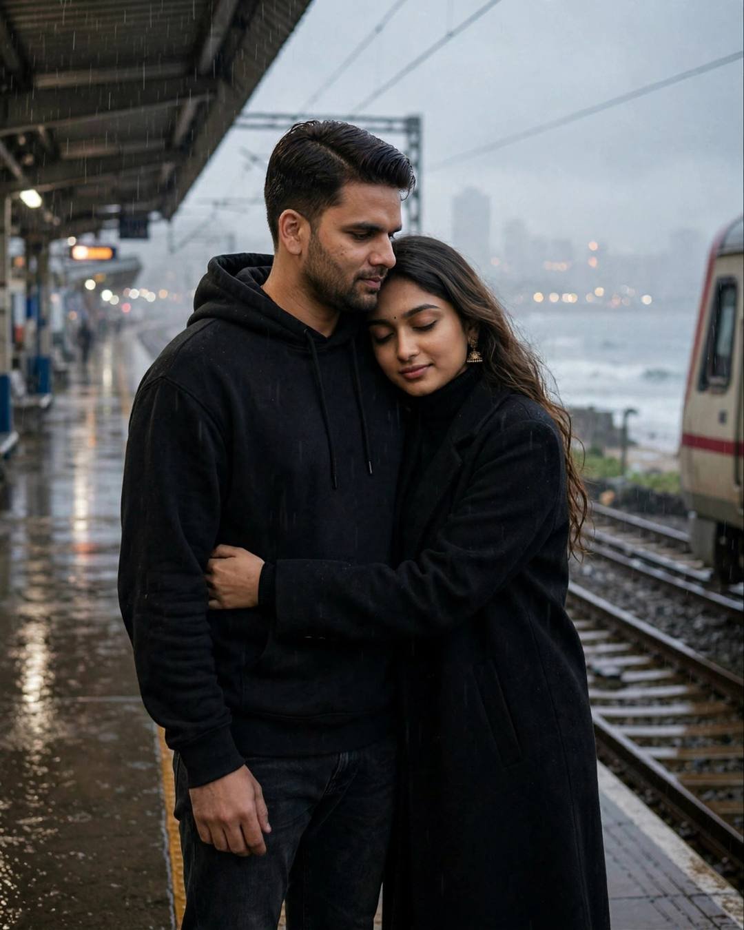 Photorealistic cinematic AI portrait of a young couple embracing on a rainy railway platform at dawn