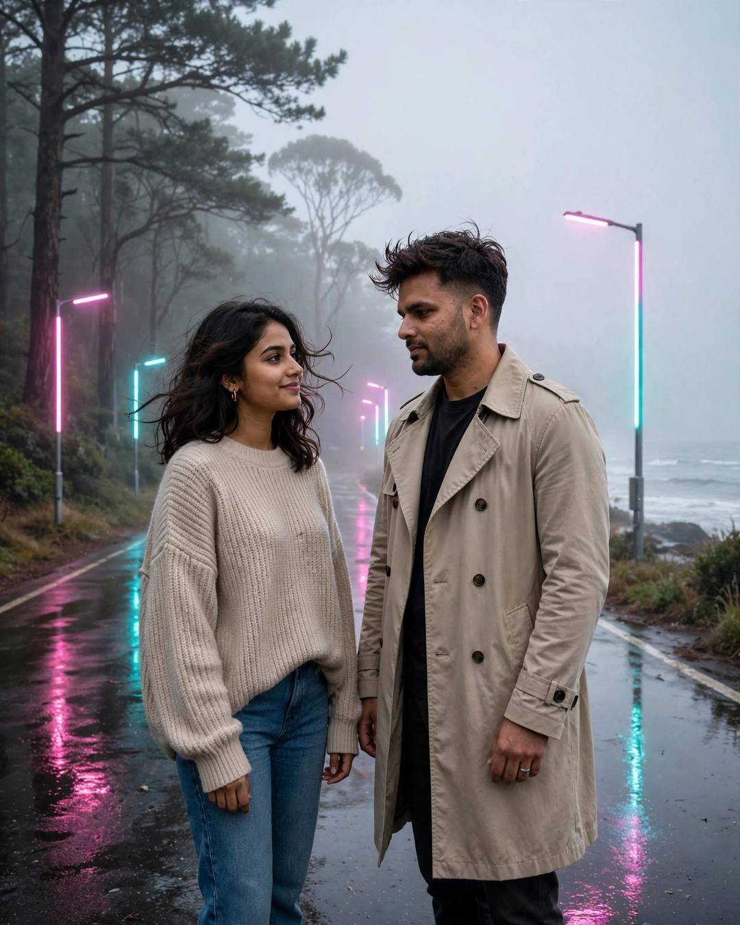 Photorealistic cinematic AI portrait of a young couple walking on a neon-lit misty coastal road at dawn