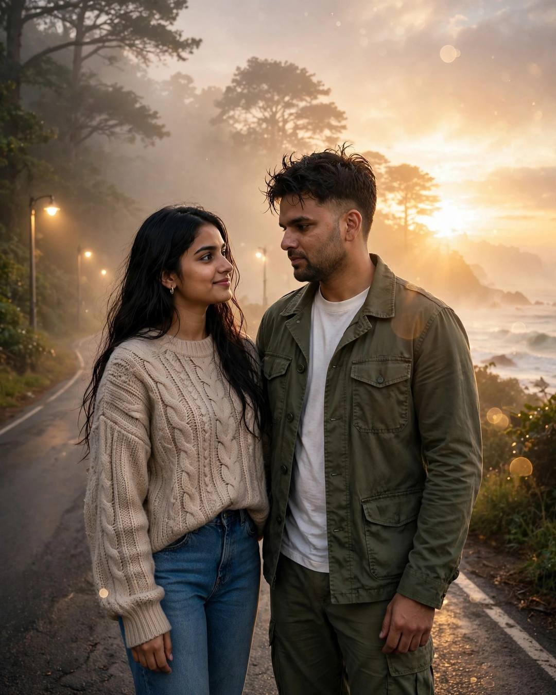 Photorealistic cinematic AI portrait of a young couple in golden-hour fog on a coastal road