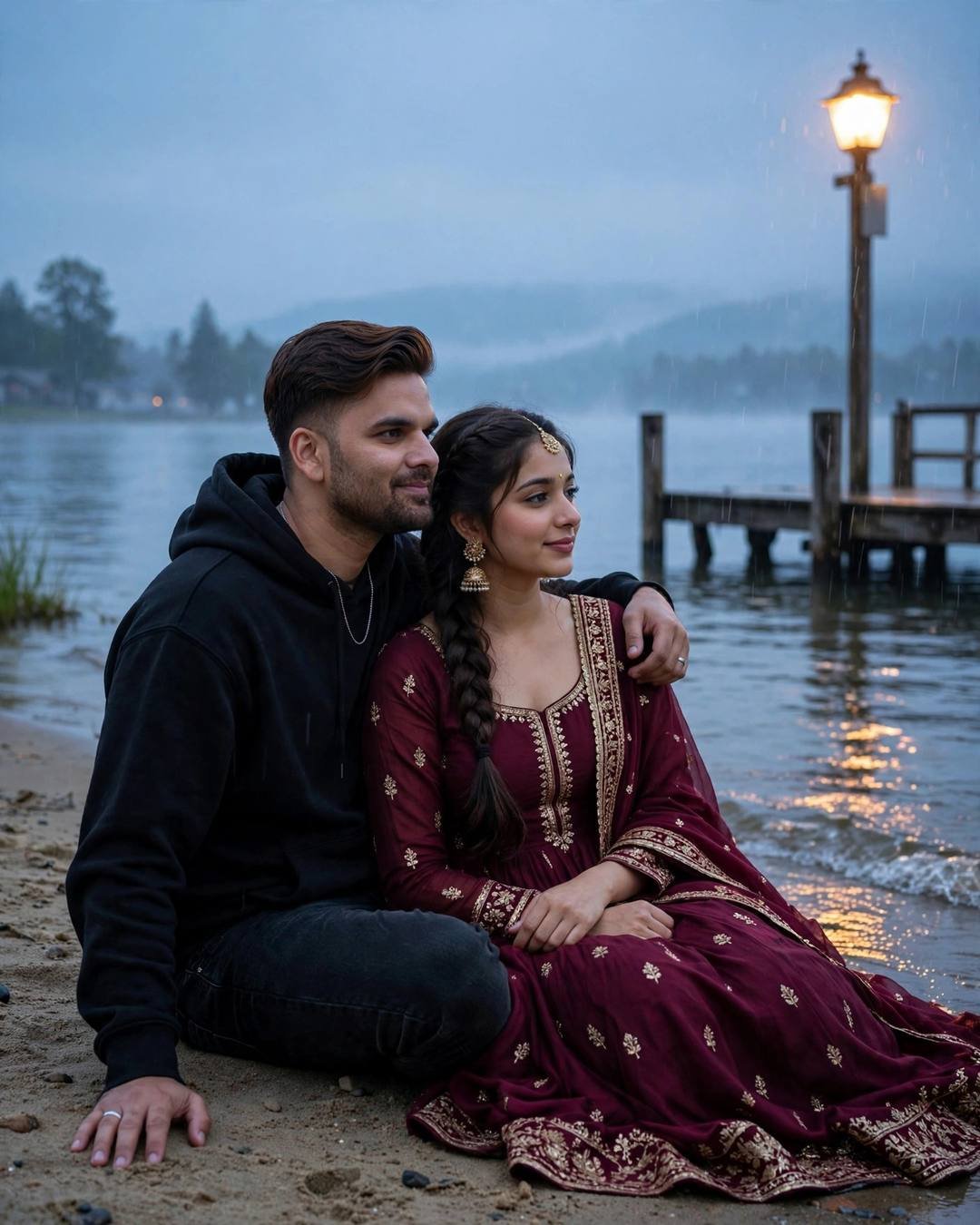 Photorealistic cinematic AI portrait of a young couple seated by the water at blue hour