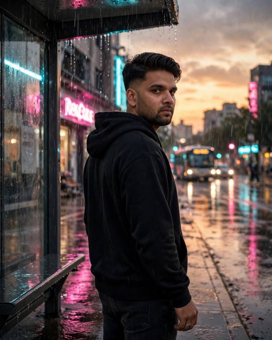 Photorealistic cinematic AI portrait of a young man in a black hoodie at a rainy neon-lit bus stop