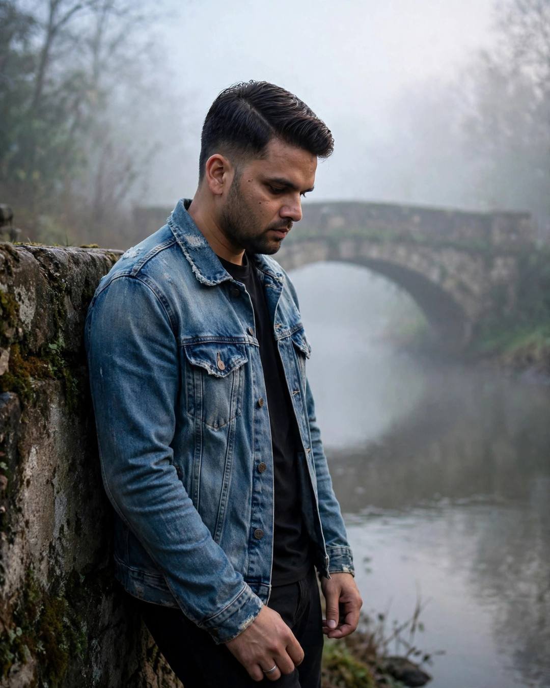 Photorealistic cinematic AI portrait of a young man in a denim jacket leaning on a foggy riverside wall at dawn
