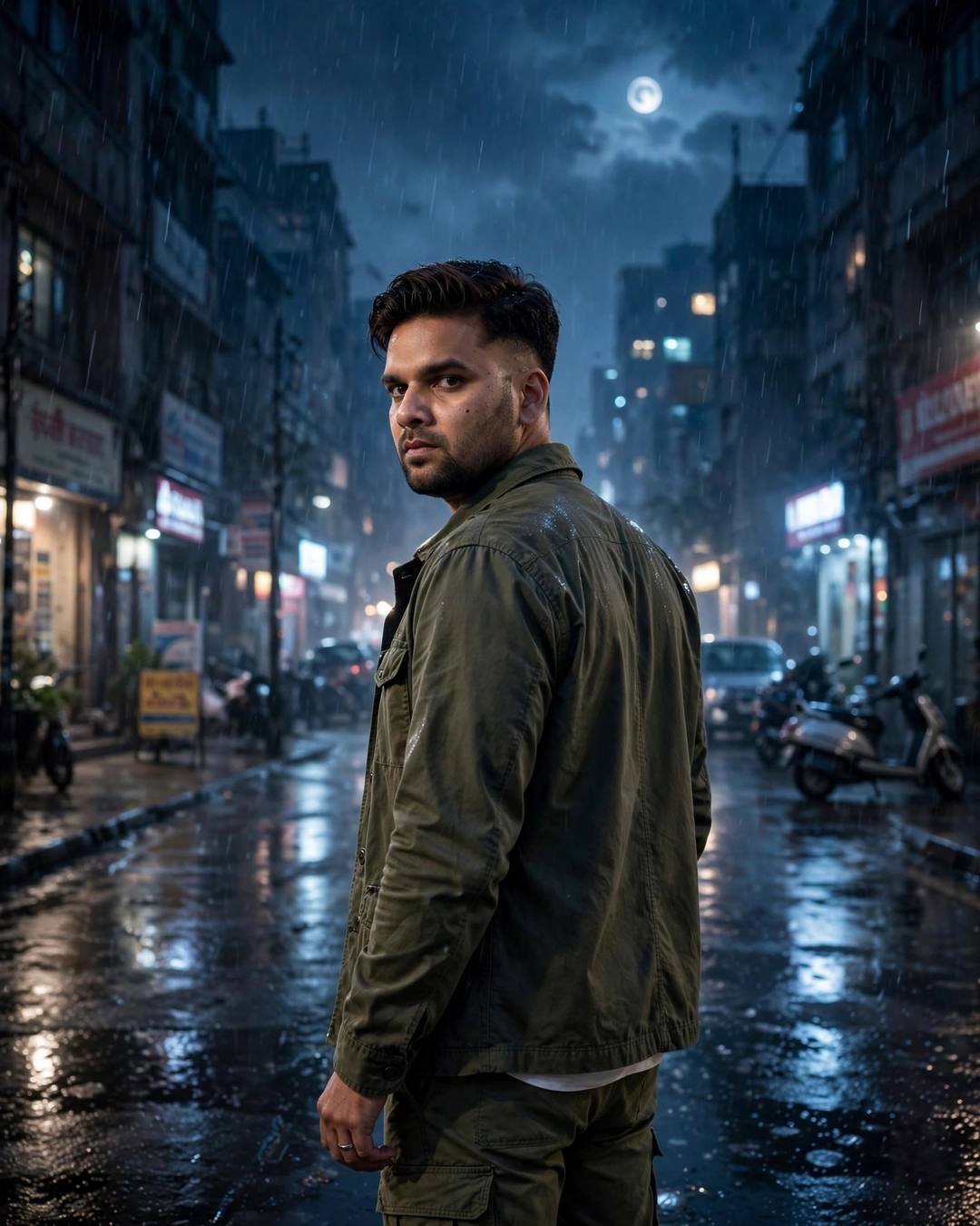 Photorealistic cinematic AI portrait of a young man in an olive jacket on a moonlit rainy street at night