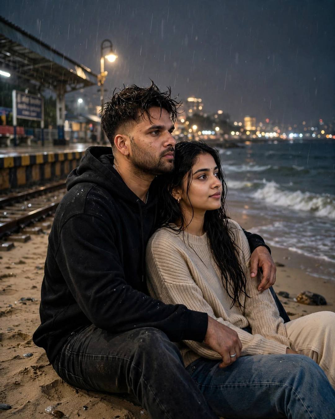 Couple sitting close on a coastal railway platform at night in the rain — man in black hoodie, woman in beige sweater leaning on his shoulder